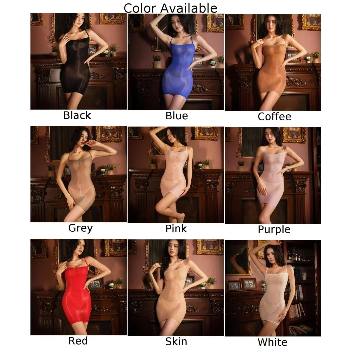 Womens Oil Shiny Bodycon Dress Transparent Temptation Nightdress Sheer Sexy See Through Tight Strappy Dress Mujer Pornos Costume