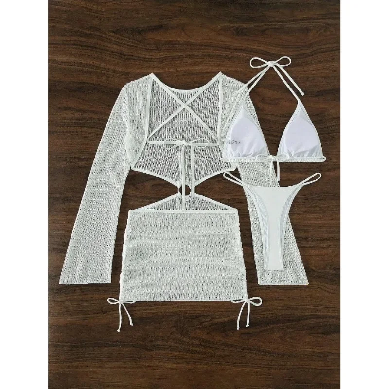 Sexy 3 Pieces Set Swimwear Women Mesh Cut-out Drawstring Cover Up Dress Micro Bikini White Swimsuit Beachwear Bathing Suit Korea