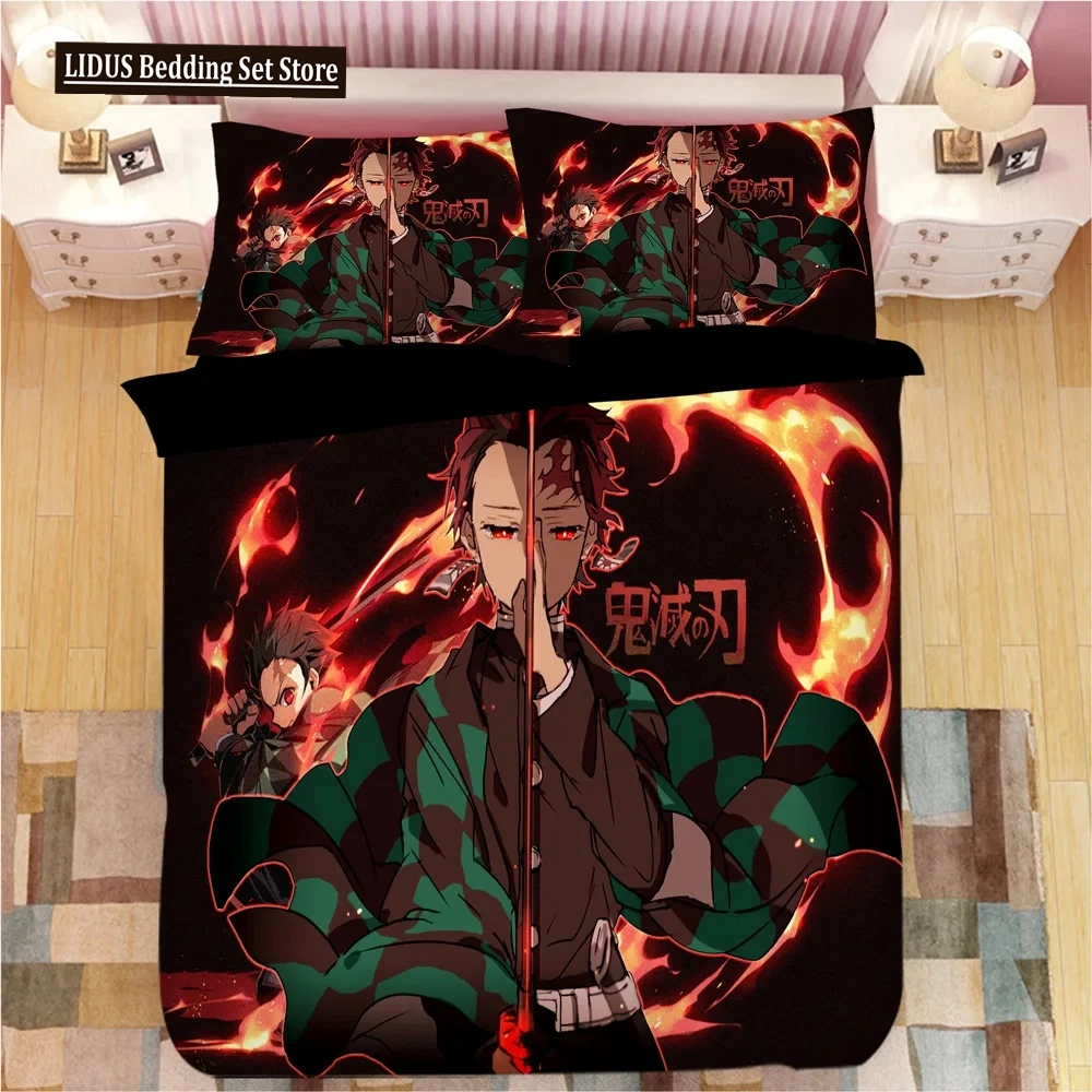 Demon Slayer Bedding Sets Cartoon Comforter Bed Linen Boys Single Double Size Soft Bedclothes Home Decor Anime Duvet Covers