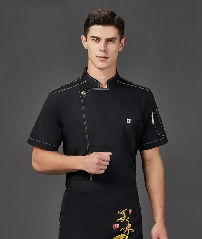 Zomer Chef Uniform Stand Kraag Pizza Kok Uniform Koksjas Korte Mouwen Restaurant Uniform Mannen Keuken Catering Kok Jas