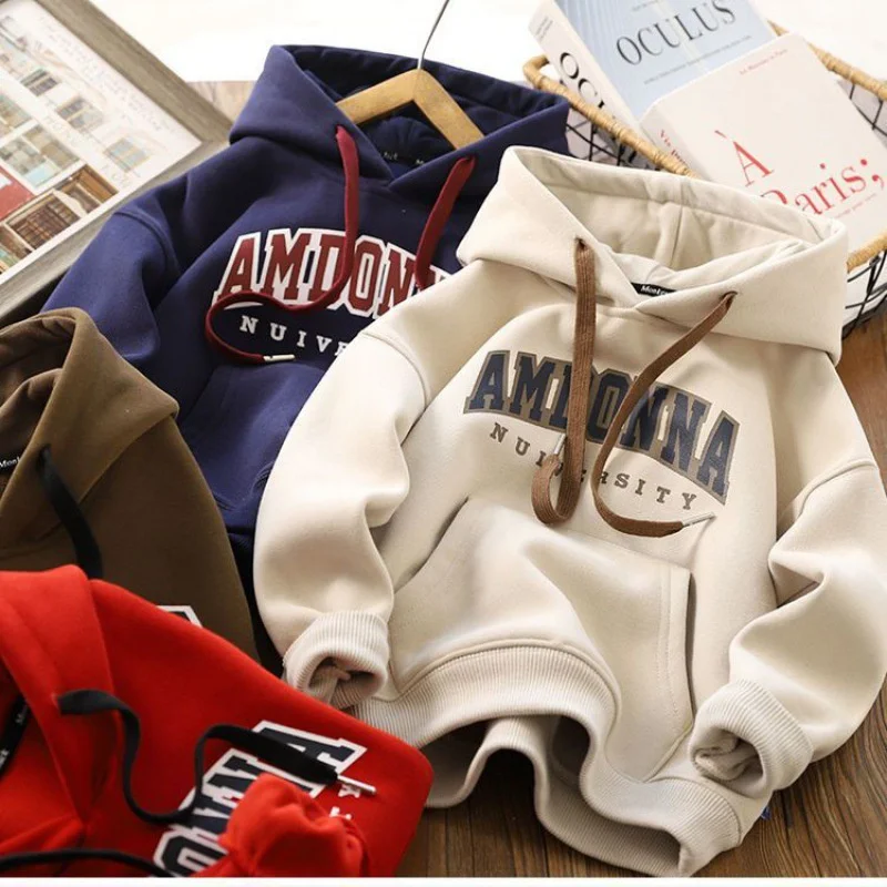 ZOETOPKID Warm Thicken Sweatshirt Kids Autumn and Winter Tops Boys Hoodies Tracksuit Children Prints Letter Casual Clothing