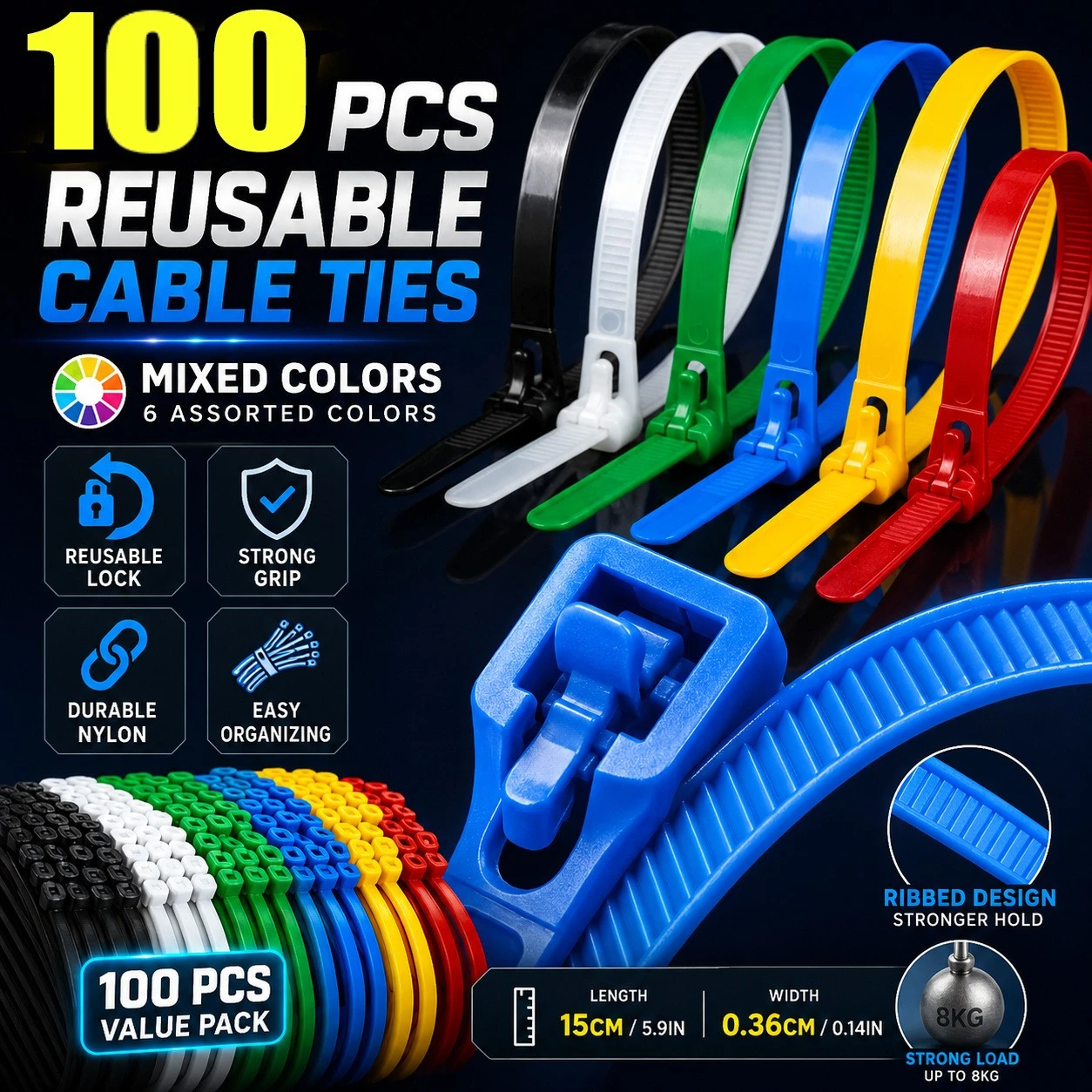 100Pcs Heavy Duty Reusable Nylon Cable Ties, Secure Locking Color-Coded Zip Ties for Indoor, Outdoor, Garden, Workshop & Wire