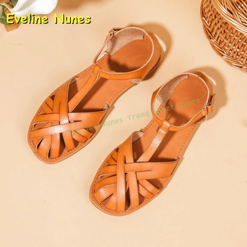

Women's Brown Leather Crisscross Strappy Gladiator Sandals Flat Heel Ankle Strap Closed Toe Summer Beach Shoe Vintage Boho Style