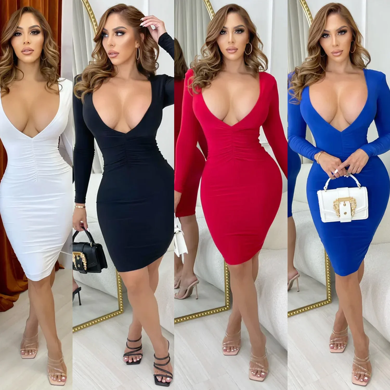 Z2202 Cross-Border New Women's Dress Sexy Tight-fitting V-neck Long Sleeve Solid Color Dress Medium Skirt Amazon Europe Worn