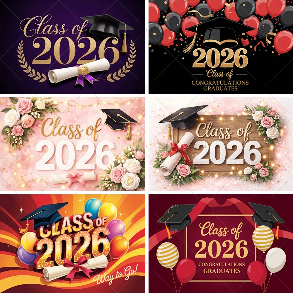 Abschlussfeier-Hintergrund Klasse 2026, Dekoration für Abschlussfeier 2026, Fotohintergrund mit Doktorhut und Diplom, Fotografie-Banner-Zubehör