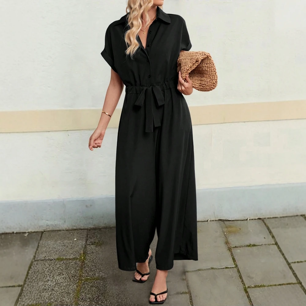 

Mia Muse Summer Jumpsuits 2025 Women's Comfortable Plain Lace-Up Short Sleeve Shirt Collar Shirt Collar Wide Leg Work Jumpsuits