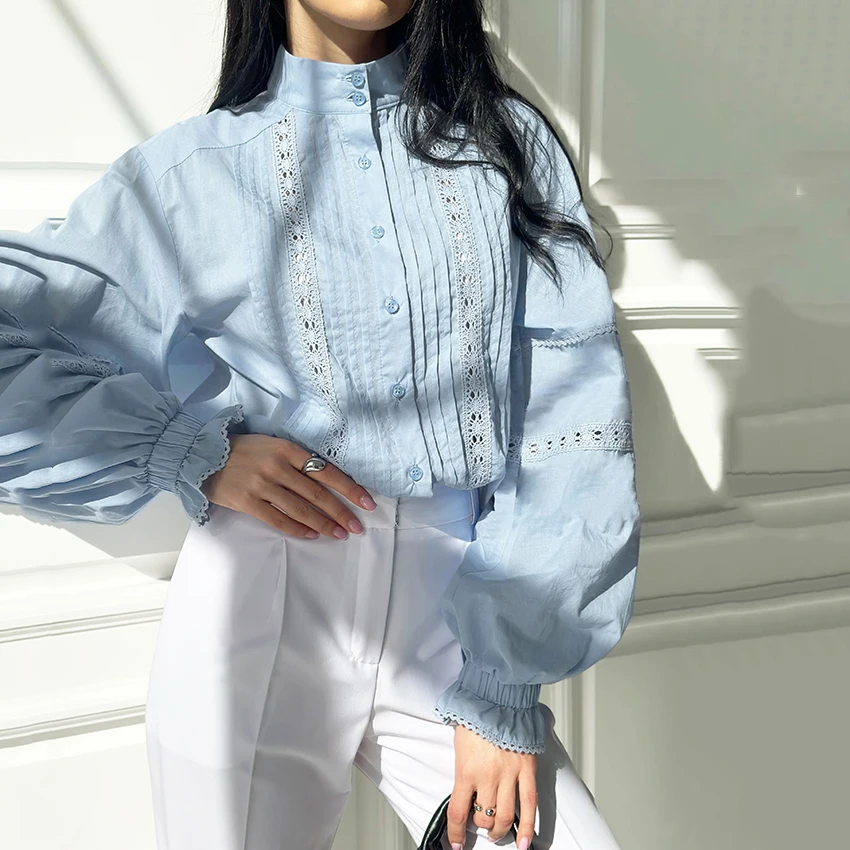 

Linad элегантные белые рубашки с вышивкой женские, осень 202, винтажная женская блузка с рукавами-фонариками, модные однобортные женские топы