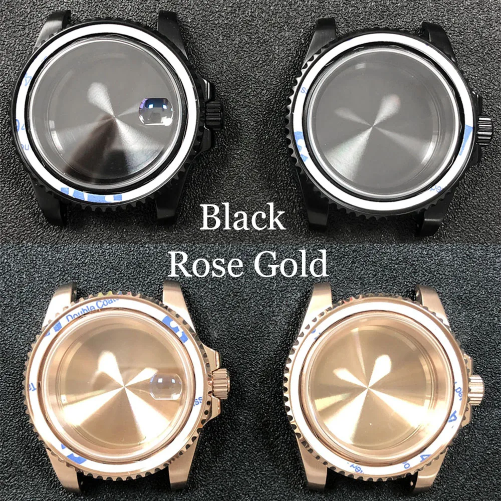 40mm SUB Style Electroplated Stainless Steel Watch Case Black Dense Solid Bottom Sapphire Crystal Watch Parts For NH35 Movement