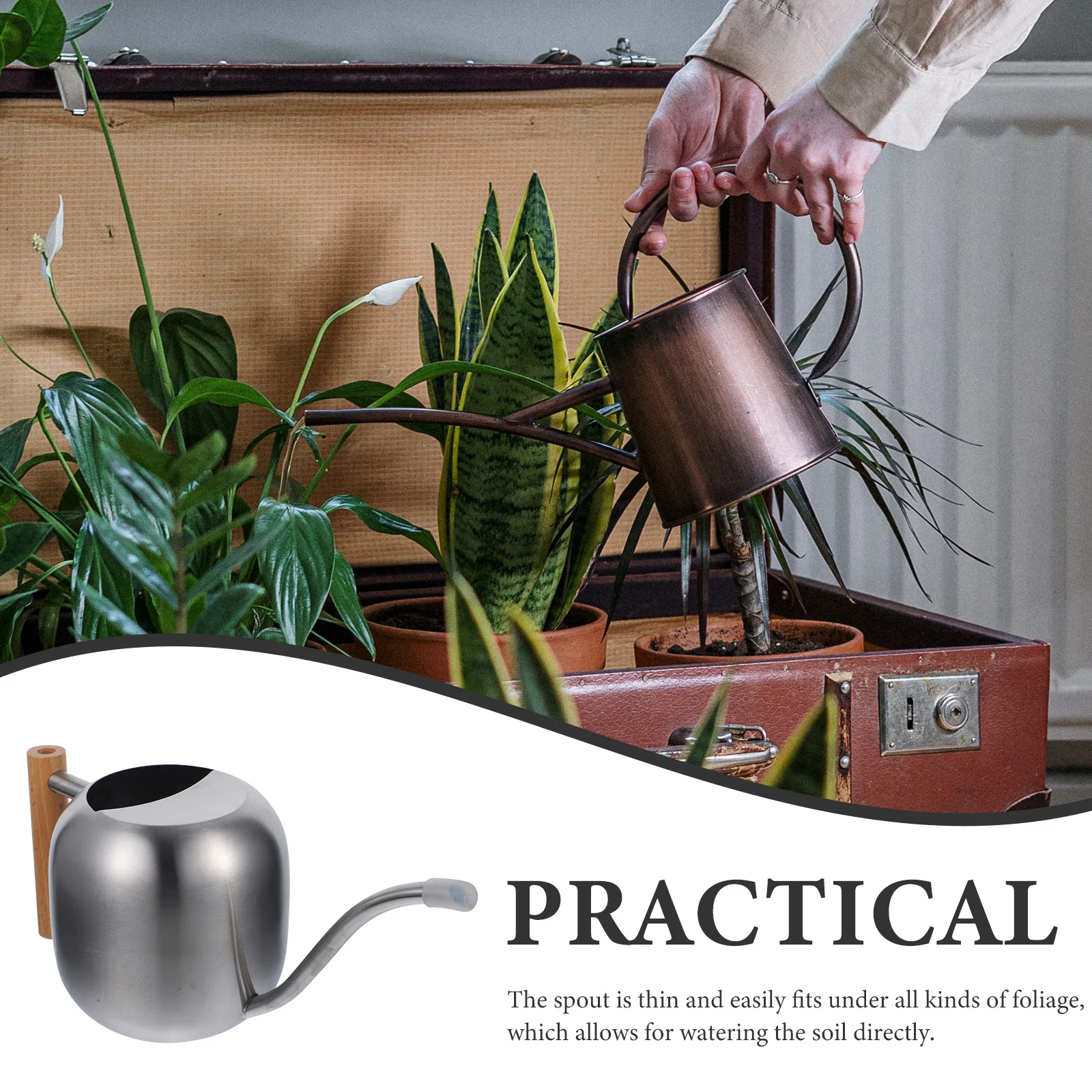 

Лейка с деревянной ручкой, излив из нержавеющей стали, большое отверстие для комнатных уличных растений, садовых цветов, суккулентов, полива