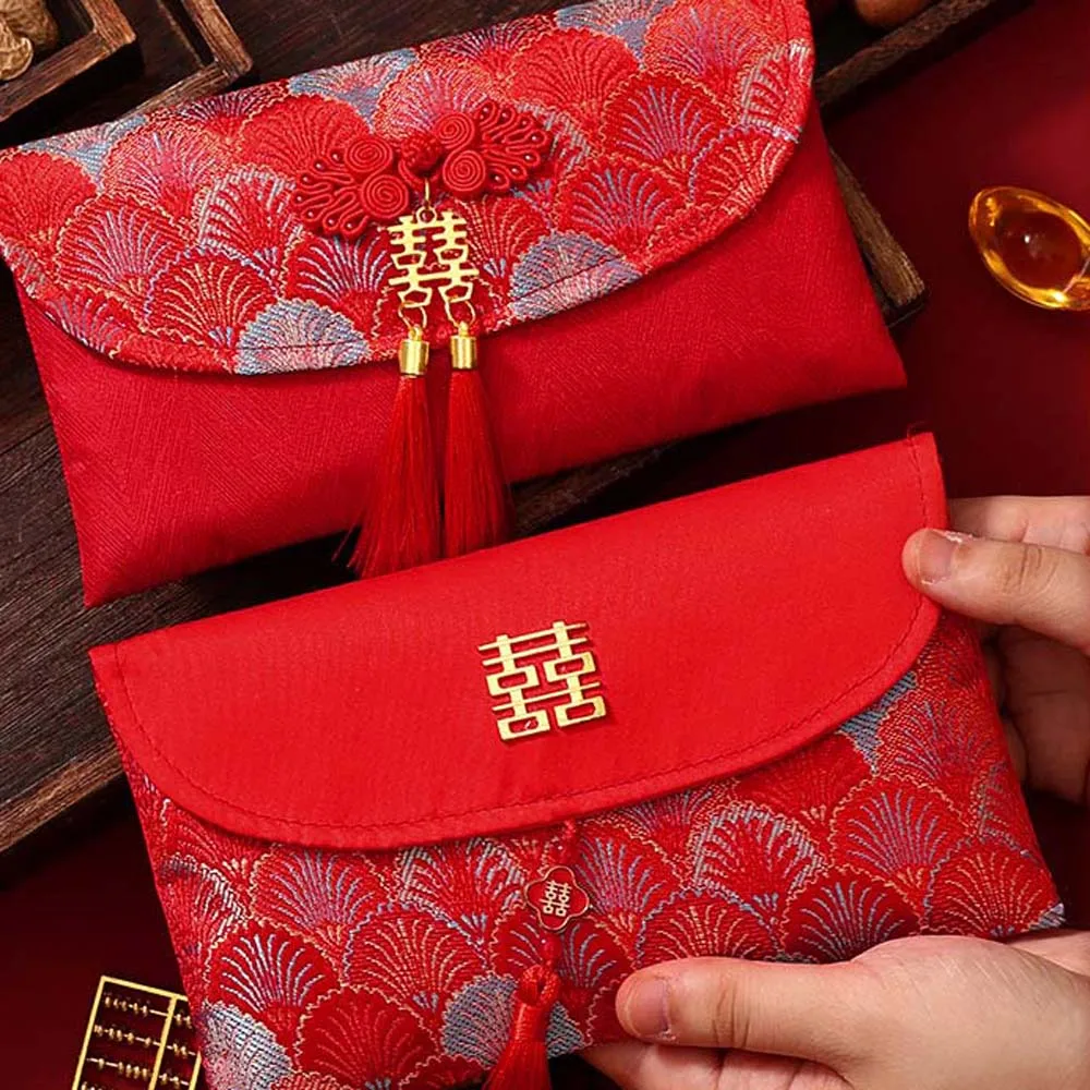 New Year Blessing Words Brocade Red Envelope Brocade Cloth Tassel Embroidery 2025 Money Pocket Best Wishes Spring Festival