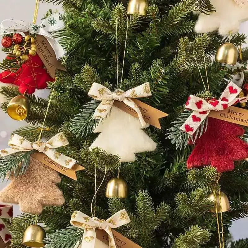 Cute Plush Sequin Christmas Tree Hanging Ornaments With Bow Golden Bell For Xmas Home Party Window Decoration