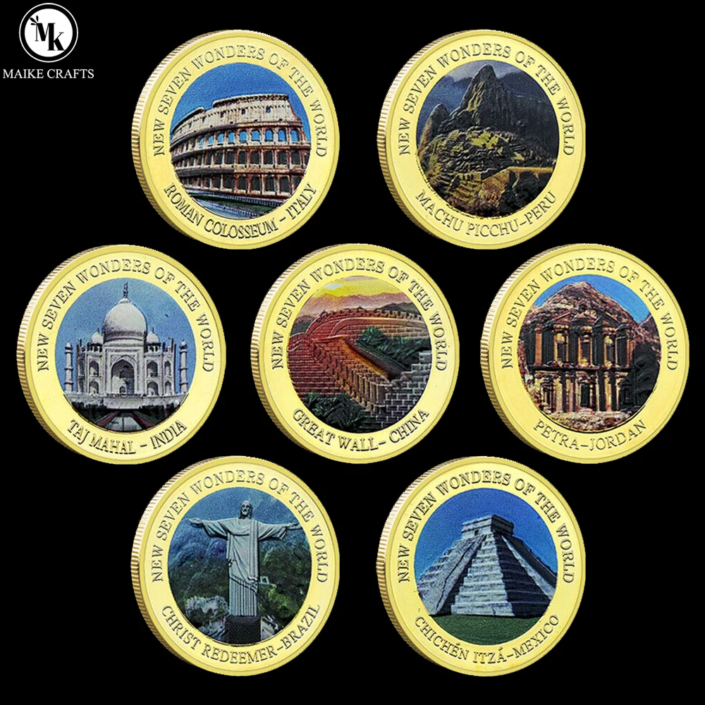 New Seven Wonders of the World Commemorative Coin Metal  Gold plated Badge Medal Challenge Coin Gift