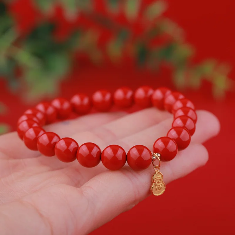 New Chinese Style 925 Silver Gold-Plated Gourd Fu Character Hand-Woven Imperial Sand Bracelet High Content Cinnabar Beads Bracel