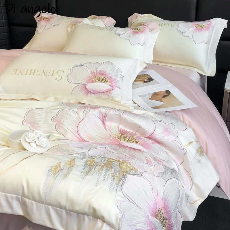 Luxury Egyptian Cotton Bedding Set Flower Embroidery Queen King Duvet Cover Bed Sheet Pillowcase Flat Sheet RU Europe 4PCS #/L