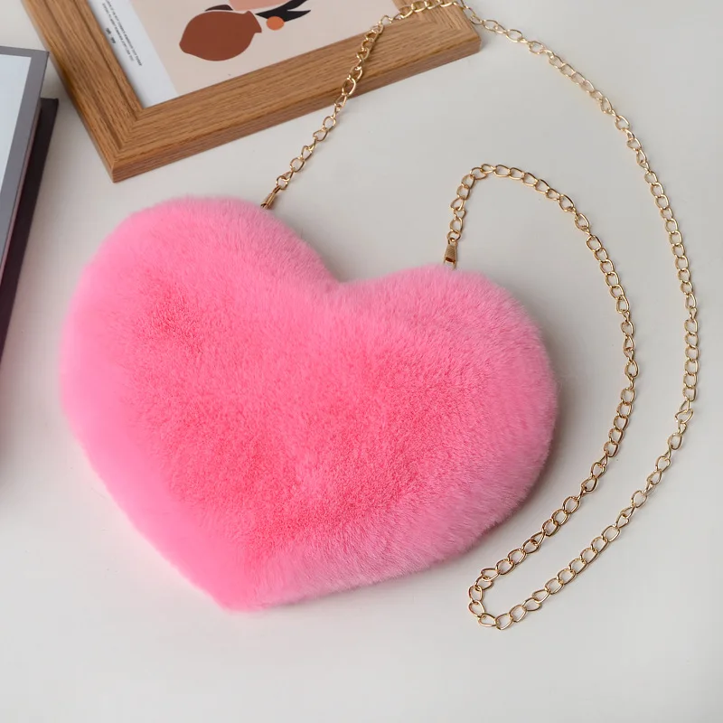 Bolso de hombro en forma de corazón de piel sintética suave, bolso cruzado esponjoso lindo, Mini bolso de hombro con cadena, bolso de mensajero de moda