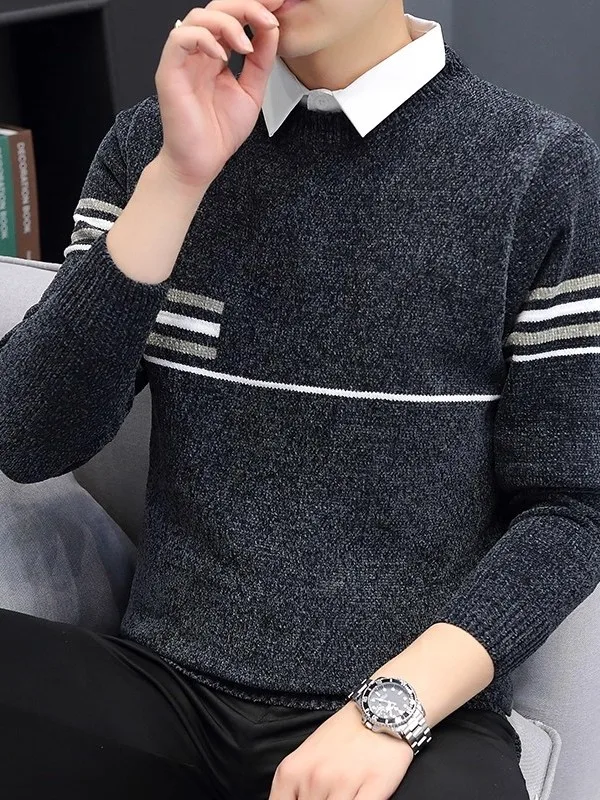 

Мужской вязаный свитер с воротником-стойкой, имитация двухслойности, модный полосатый повседневный лонгслив из полиэстера, базовый слой