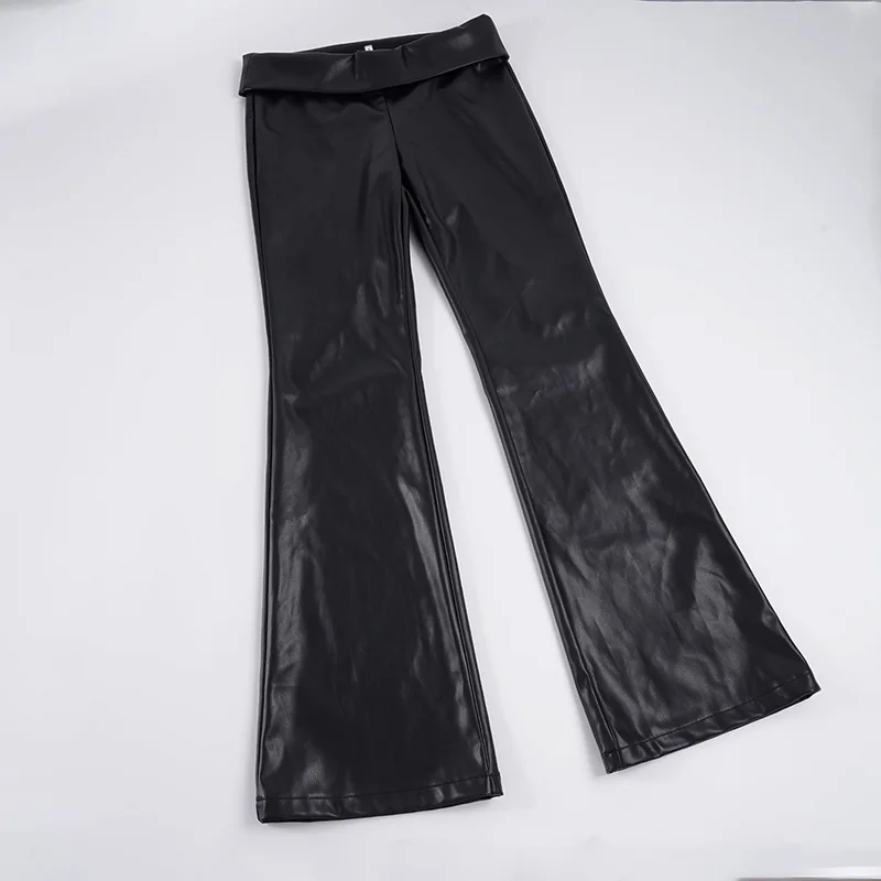 Basic Solid Pu Leather Flare Pants Casual Slim Folds Low-Waisted Wide Leg Pants Women 2025 Autumn Spring Streetwear Office Lady