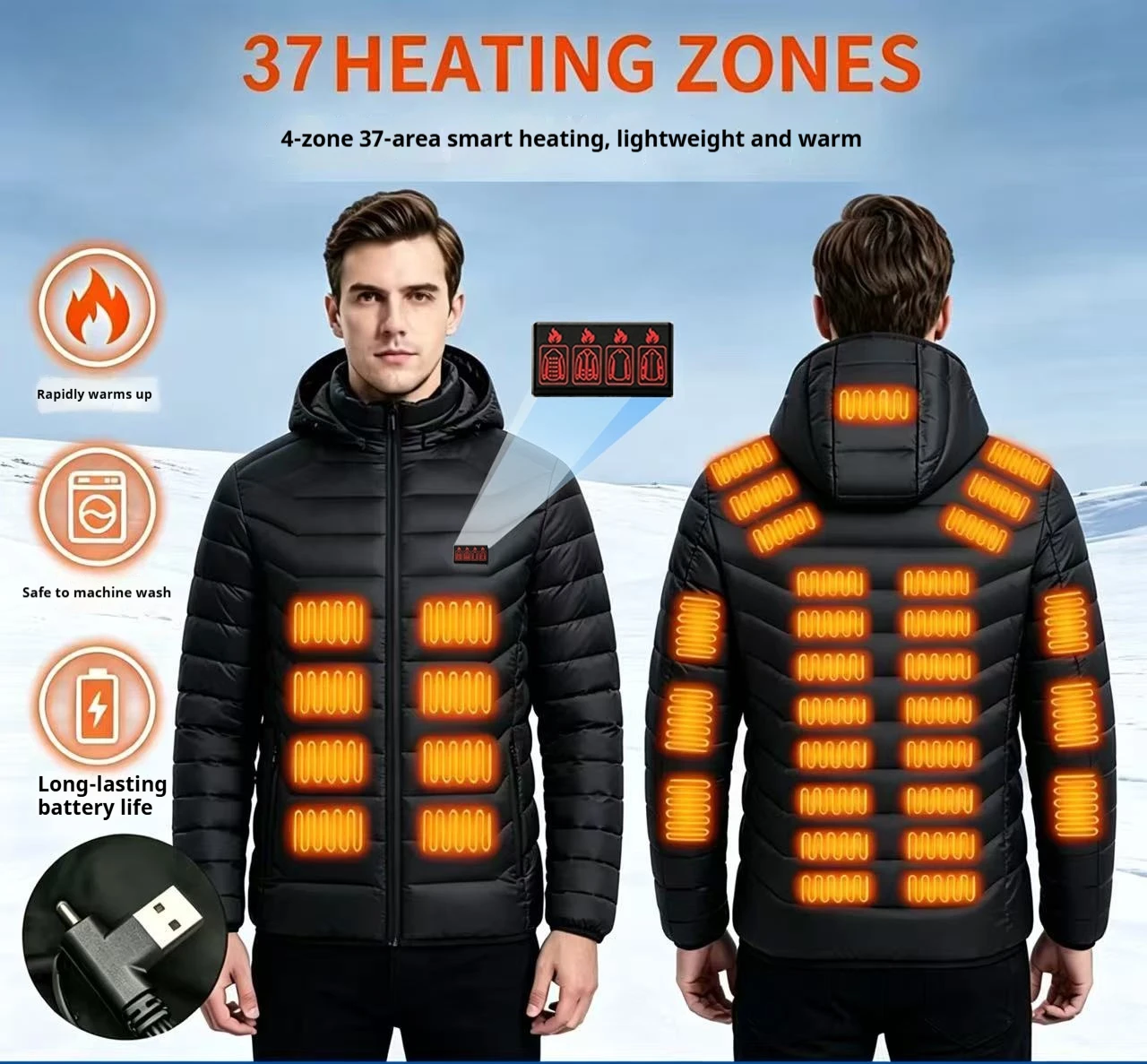 37-Zone Full Body Electric Heated Jacket 3 Temperature Settings USB Charging Hooded Windproof Thermal Warm Winter Coat Washable