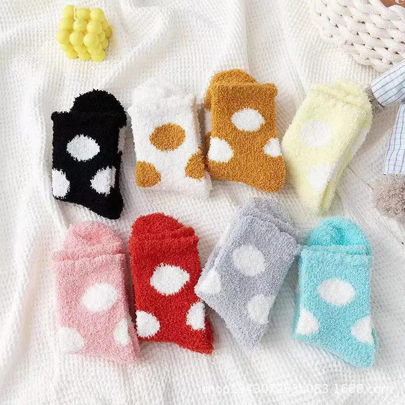 

Коралловые флисовые носки, женские бархатные утепленные носки в горошек, милые кавайные женские домашние напольные кальцетиновые зимние теплые носки для девочек
