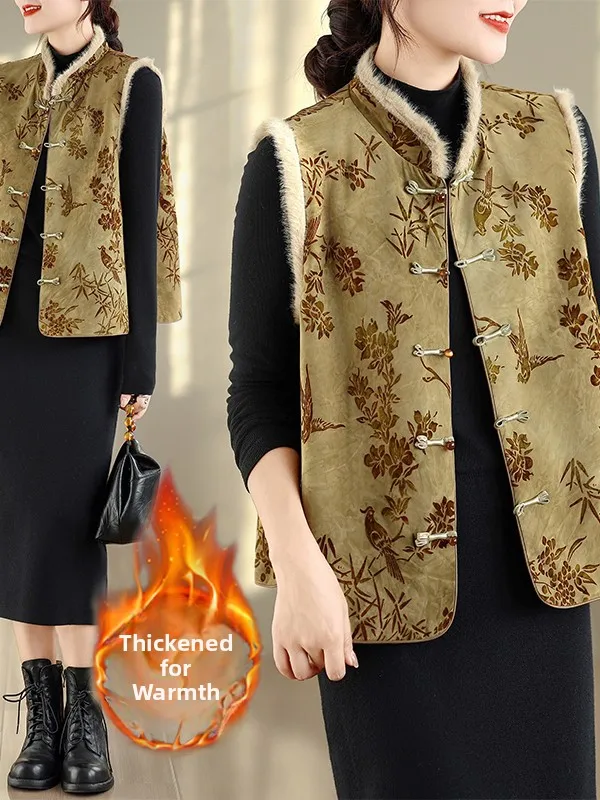 Warm Cotton Lined Chinese Style Jacket for Women with Button Collar City Walk Travel Shopping Commute Daily Wear mid Autumn