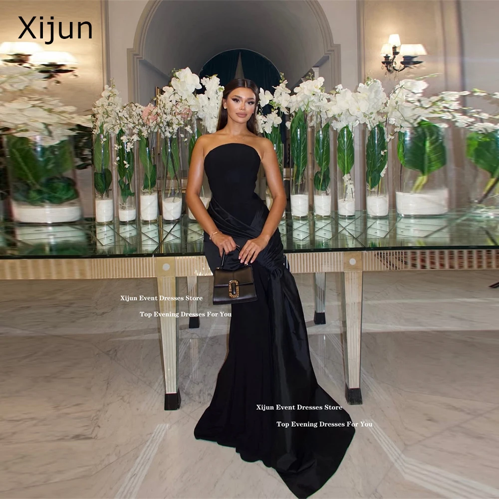 Xijun Zwarte Zeemeermin Crêpe Avondjurken Mouwloos Geplooide Lange Galajurken Formele Gelegenheid Strapless Galajurken Op maat