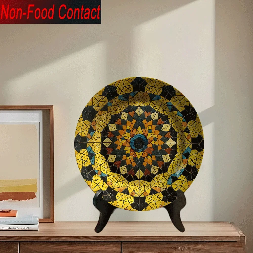 1pc Hand-Painted-Look Ceramic Mosaic Plate - Multicolor (Turquoise, Golden, Black, White, Brown) Round Non-Food Contact Serving
