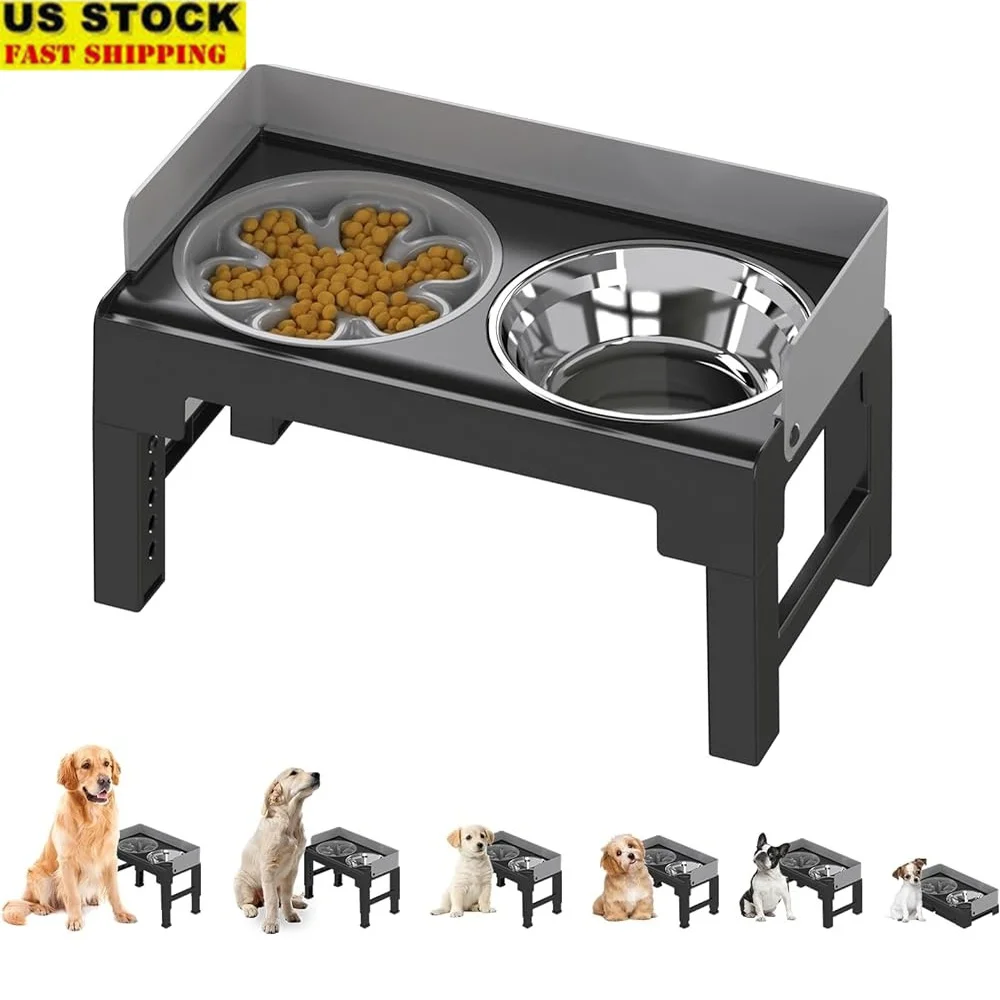 

Adjustable Elevated Dog Bowls Slow Feeder with Stainless Steel Bowl Anti-Skid Design Spill Proof Easy Clean No Installation