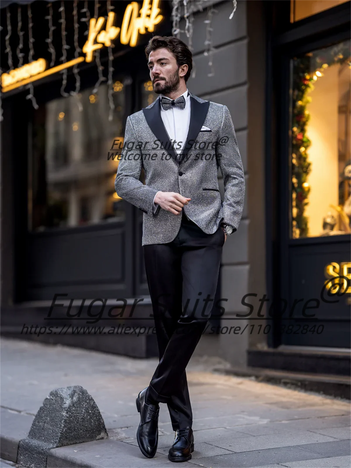 Fatos de baile cinza brilhantes masculinos, ajuste fino, lapela máxima, smoking de casamento do noivo, conjuntos de 2 peças, blazer masculino elegante, 2021