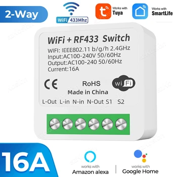 Tuya RF433 WiFi Módulo Interruptor Inteligente, Receptor Mini Relé 16A, DIY Smart Home Automation Controller, funciona com Alexa e Google