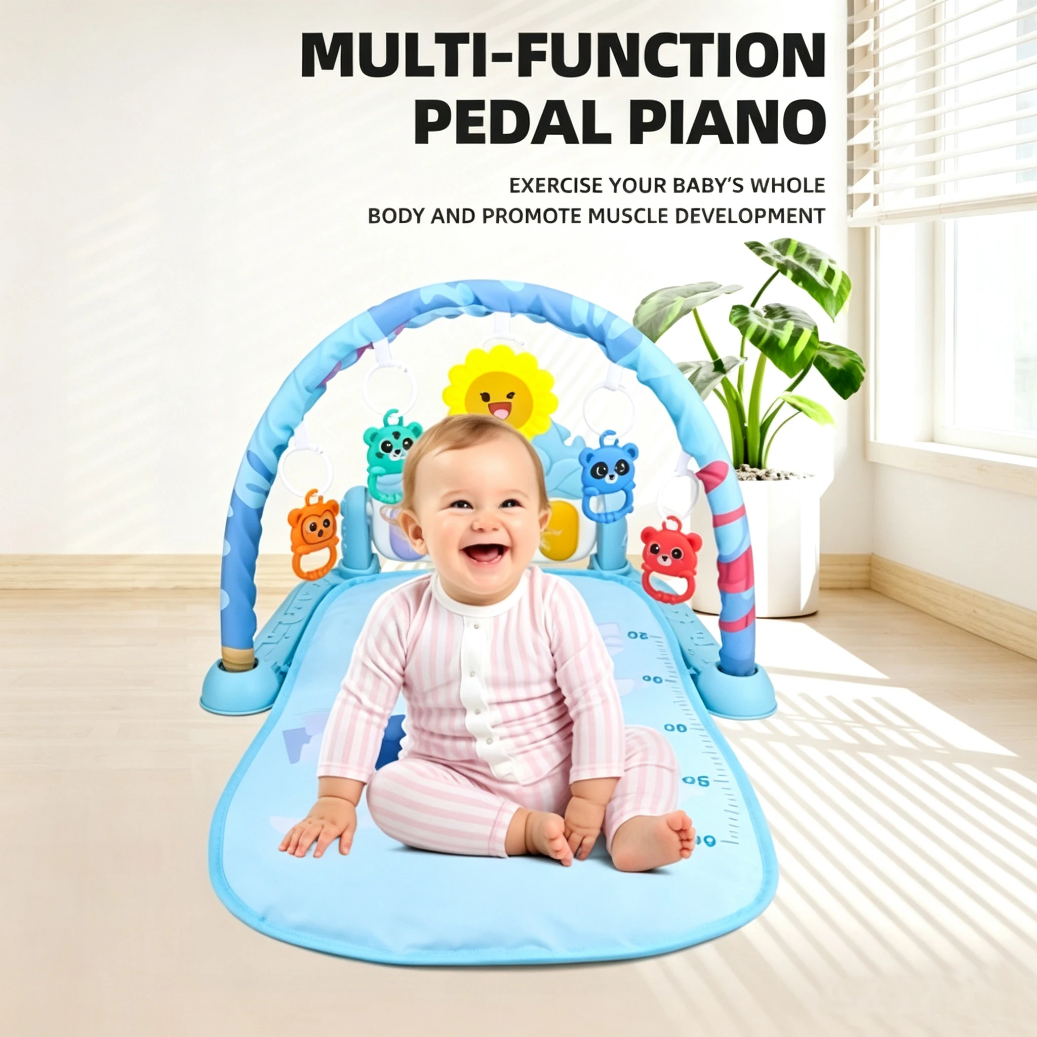 Baby piano gym play mat, infant activity fitness mat with cute penguin print, suitable for babies.