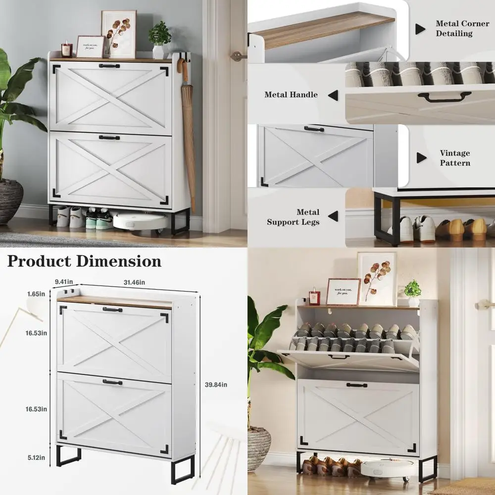 خزانة أحذية المزرعة مع درجين قابلين للطي، ولوحة خلفية، وأرفف قابلة للإزالة وخطافين متحركين، وأقدام معدنية قابلة للتعديل، ودخول ريفي