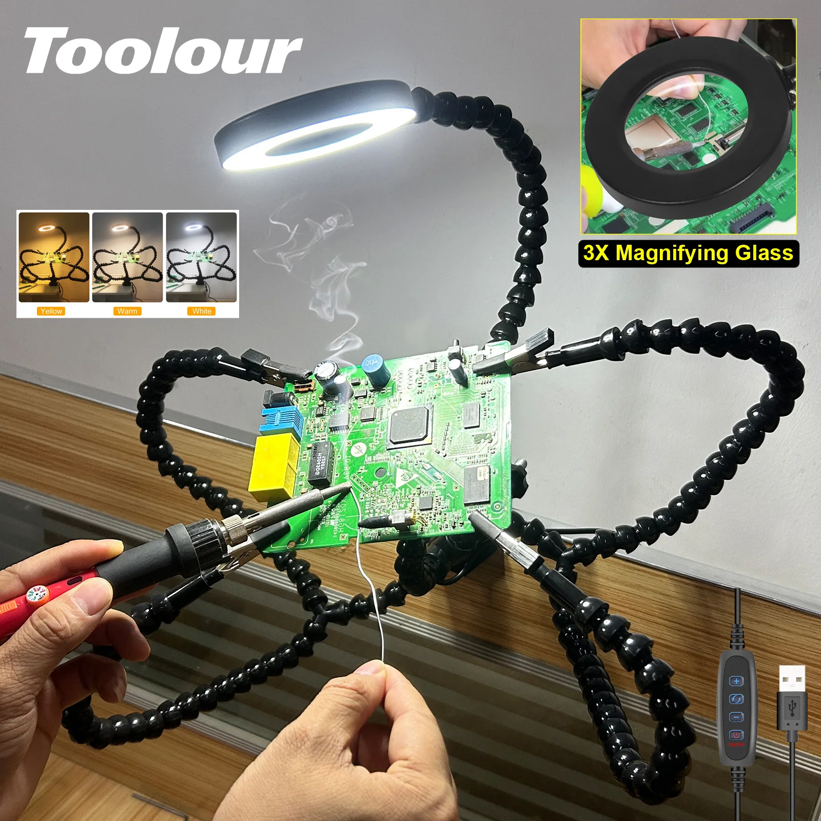 Toolour Pomocne dłonie do lutowania Narzędzia trzeciej ręki 5 elastycznych ramion z regulowanym zaciskiem stołowym 3X Lupa LED Uchwyt PCB Narzędzie