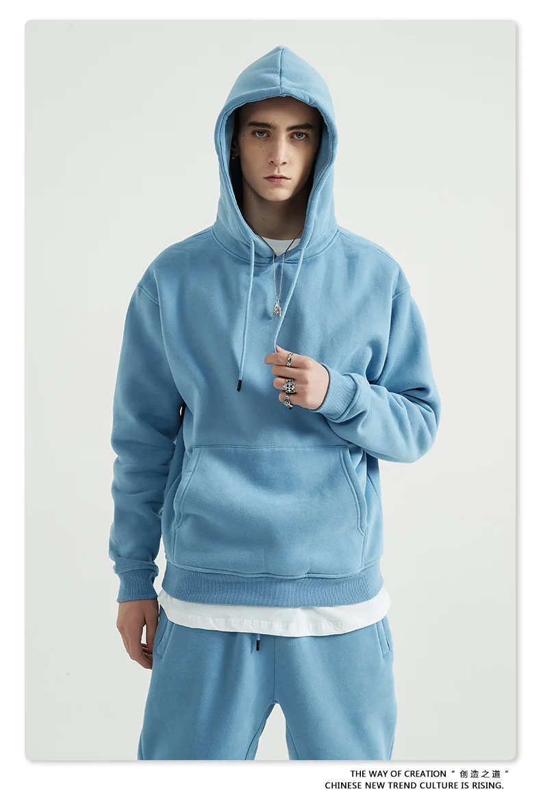 Loose solid color hoodie and sweatpants set     Thick fleece pullover hoodie customized clothes bundle