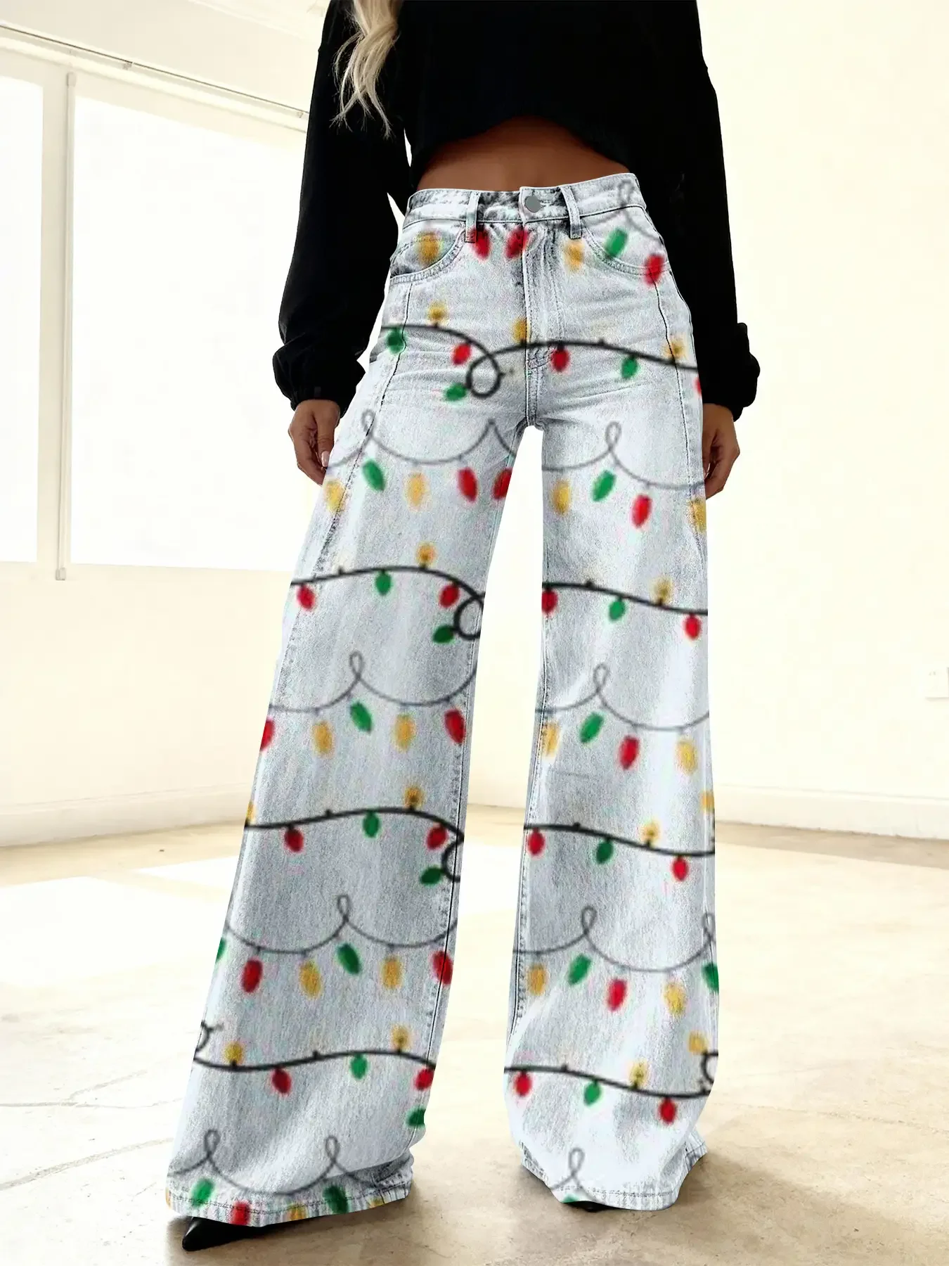 2026 Christmas women's imitation denim printed high waisted flared pants, sweet and cute, Women's Wash Set