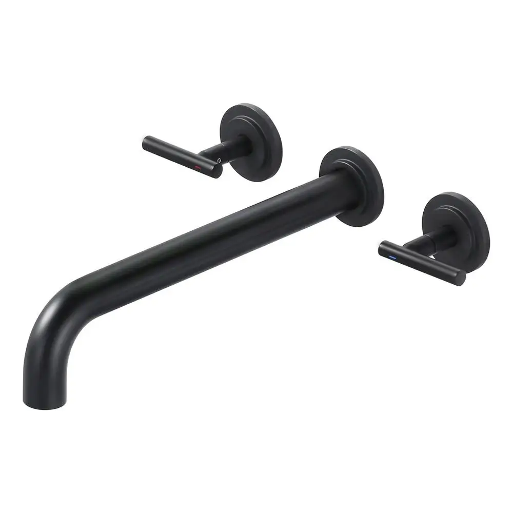 Grifo de bañera de montaje en pared negro mate, dos manijas de alto flujo, caño largo de latón macizo, alcance para bañera de baño