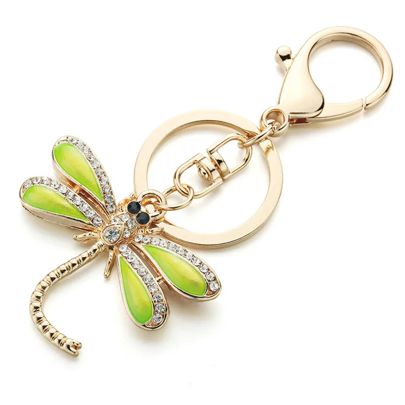 Dalaful Dragonfly Keyrings KeyChains For Car Crystal Bag Pendant For Women Green Enamel Insect Key Chains Rings Holder K268