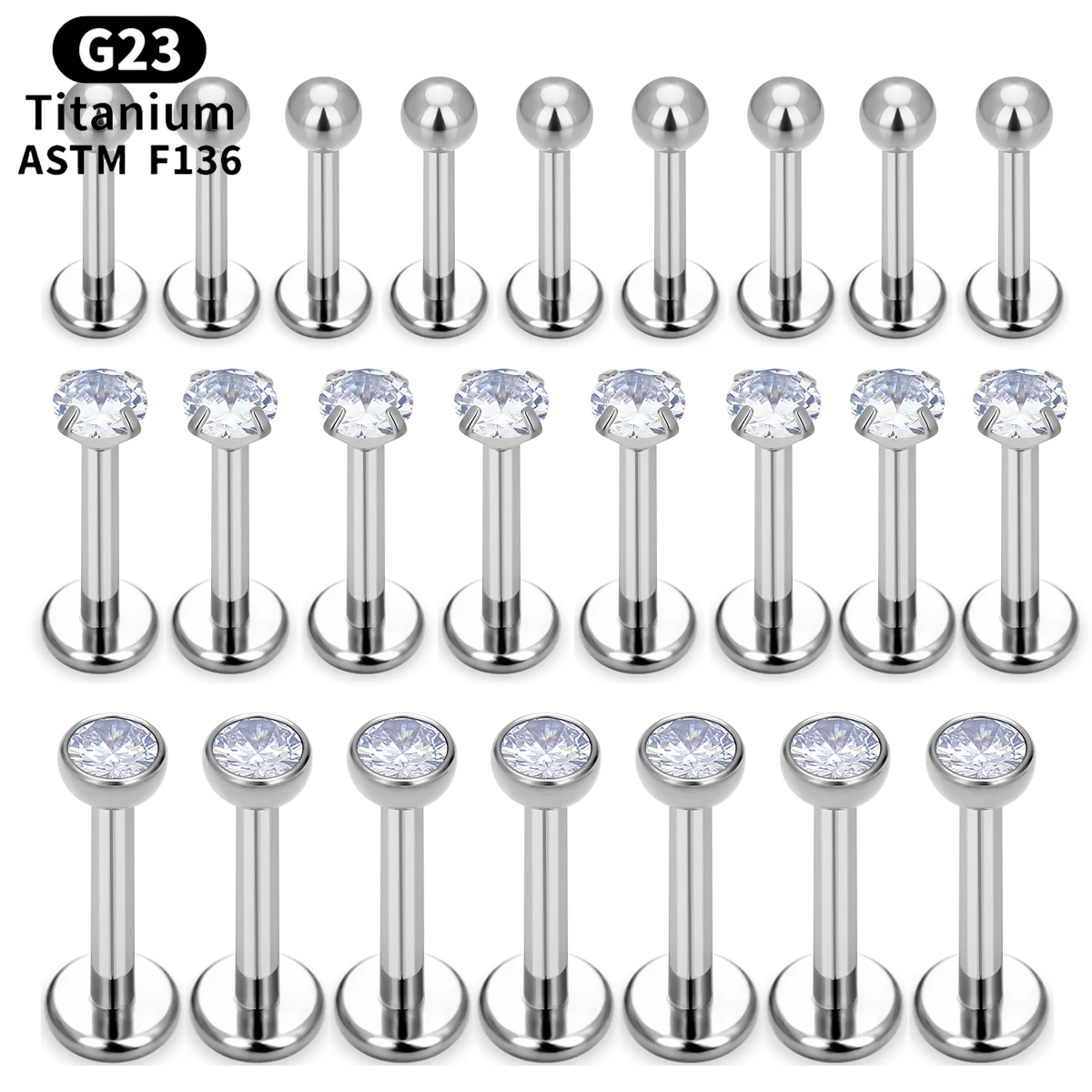 10pcs G23 Titanium Piercing CZ Lip Labre Earrings set Lip Stud Ring Tragus Free Spiral Cartilage Jewelry For Women 20G 18G 16g