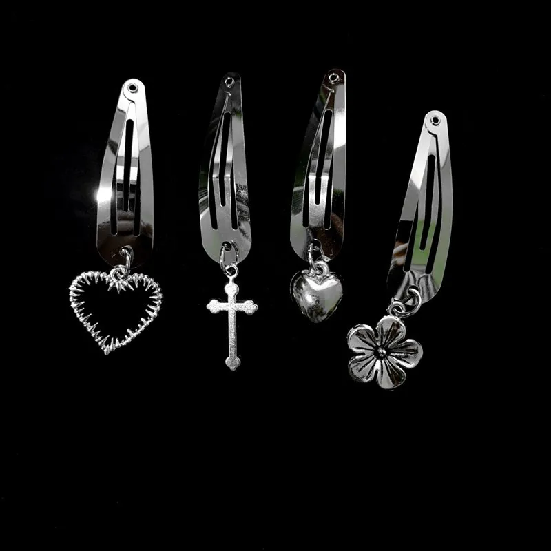 New Fashion Punk Hair Card Silver Metal Edge Clip Cherry Cross Love Flower Chain Hairpins One Word Clip Women\'s Headdress