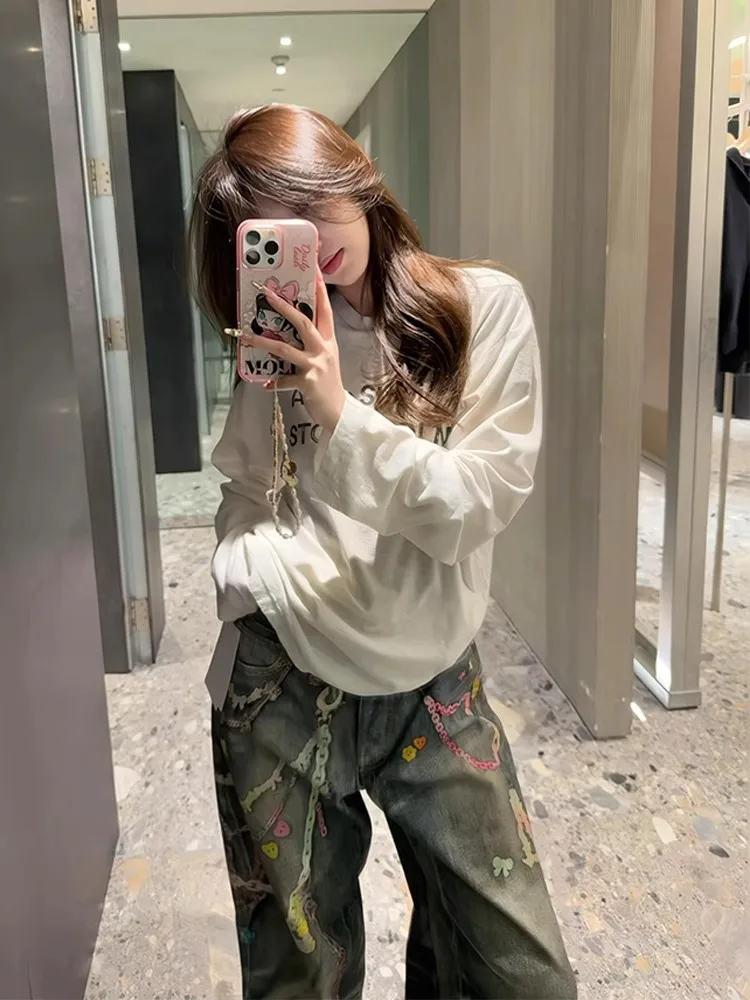 プリントウォッシュだぶだぶのジーンズ女性のためのストリートカジュアルデニムパンツワイドレッグストレートポケットジッパーデニムロングパンツ