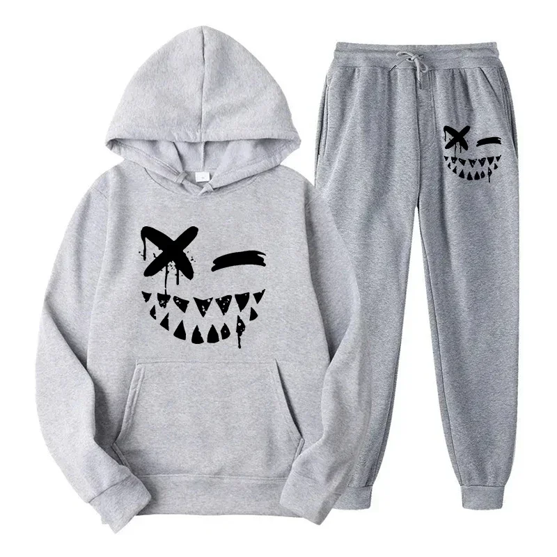 Evil Smile Printed Casual Sportswear Fashion Hoodie+Pants Suit Running Fitness Sportswear Autumn/Winter Men's and Women's Set