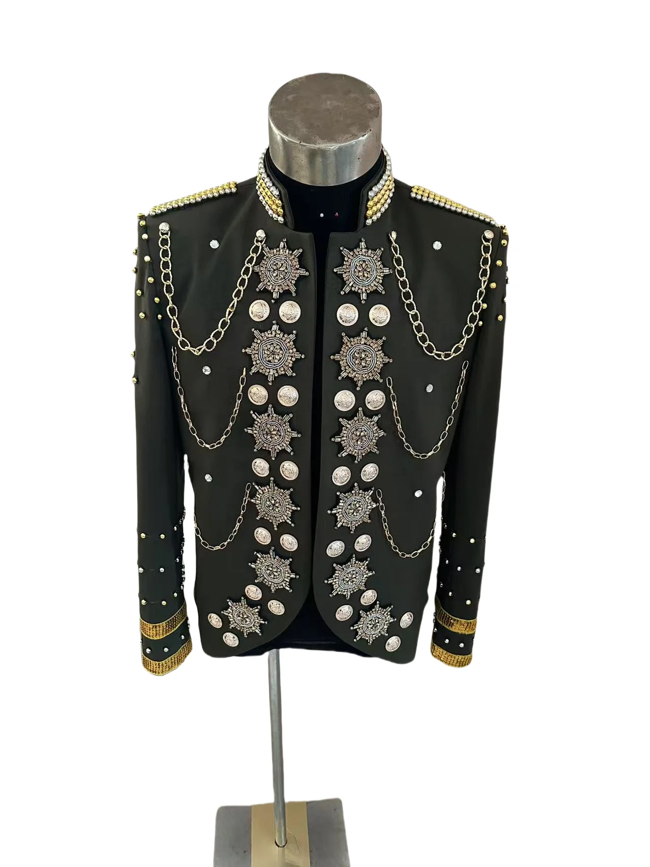 New Army Green Metal Chain Pearls Suit Jacket Customized Men's Royal Casual Dress Wear Male Singer Stage Show Performance Coat