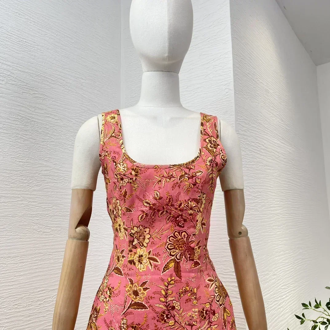 High Quality Pure 2024 New Re-tro Floral Print Sleeveless Cut Out Lace-up Back Waist Women Midi Tank Summer Dresses for Holiday