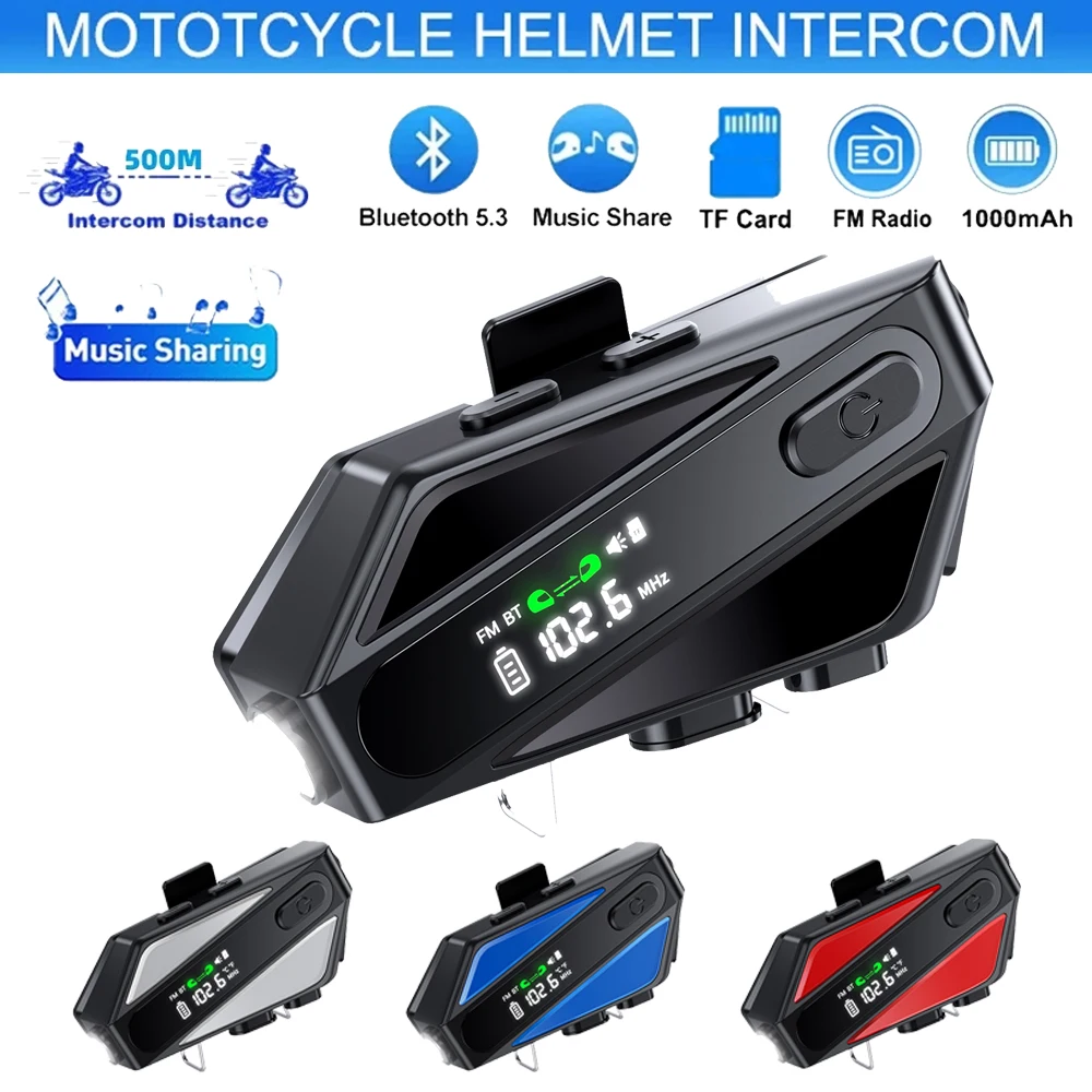 Motorcycle Helmet Bluetooth Headset Intercom LED with Digital Display IP6 Level Deep Waterproof Stereo FM Wireless 500M Intercom