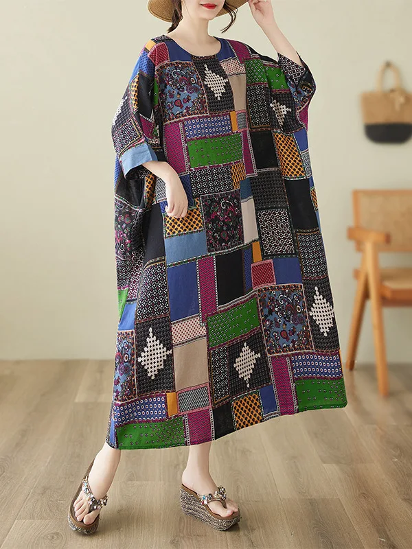 SuperAen Style Printed Long Dress Women's Summer 2025 Retro Casual Round Neck Short-sleeved Loose Plaid Dress