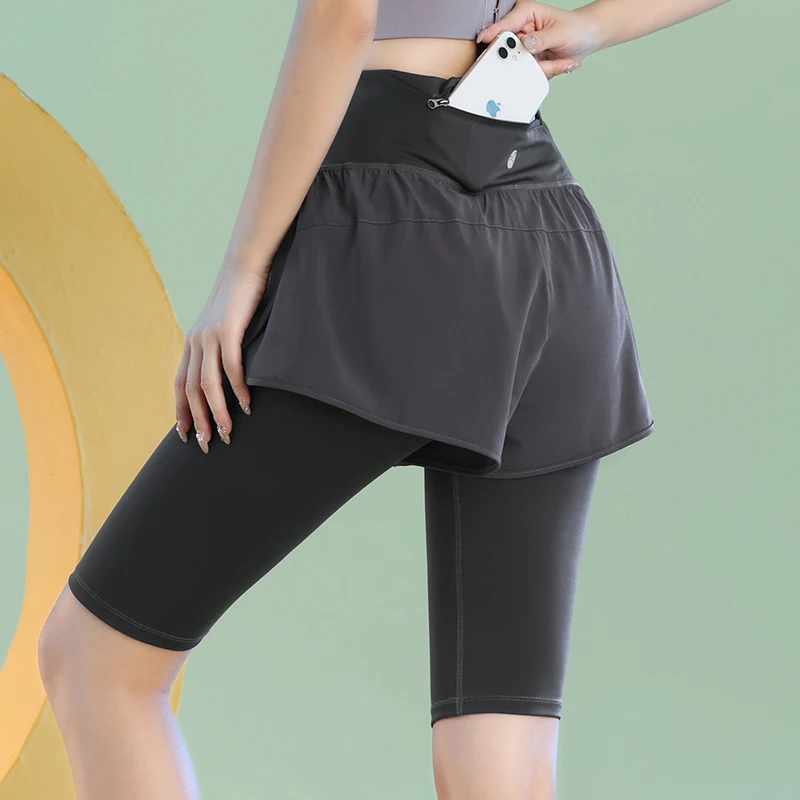 PHIGEER Women Yoga Shorts Fake Two-Piece Quick Dry High Waist Running Shorts Lightweight Biker Tights With Pockets Active Wear