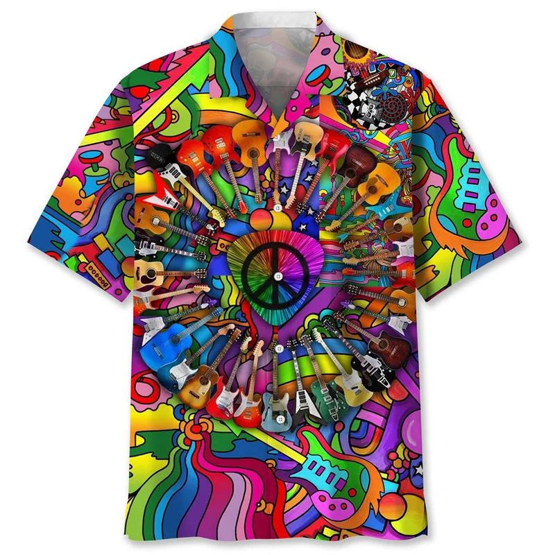 Vintage Colorful Peace Pattern Hawaiian Shirt For Men 3D Printed Floral Short Sleeves Lapel Shirts Summer Street Button Blouses