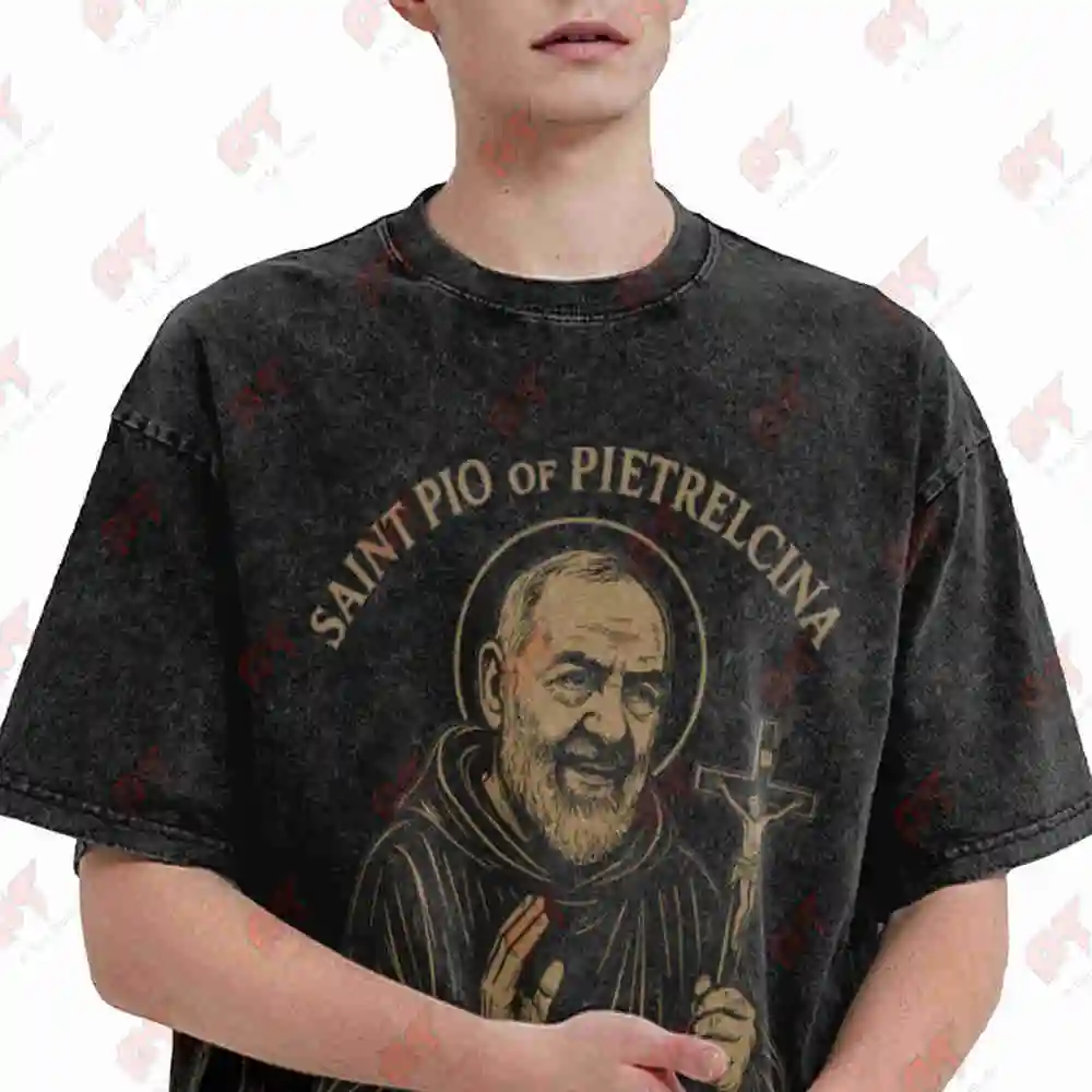 Saint Padre Pio Of Pietrelcina Catholic Vintage Washed Tee Pure Cotton T-Shirt