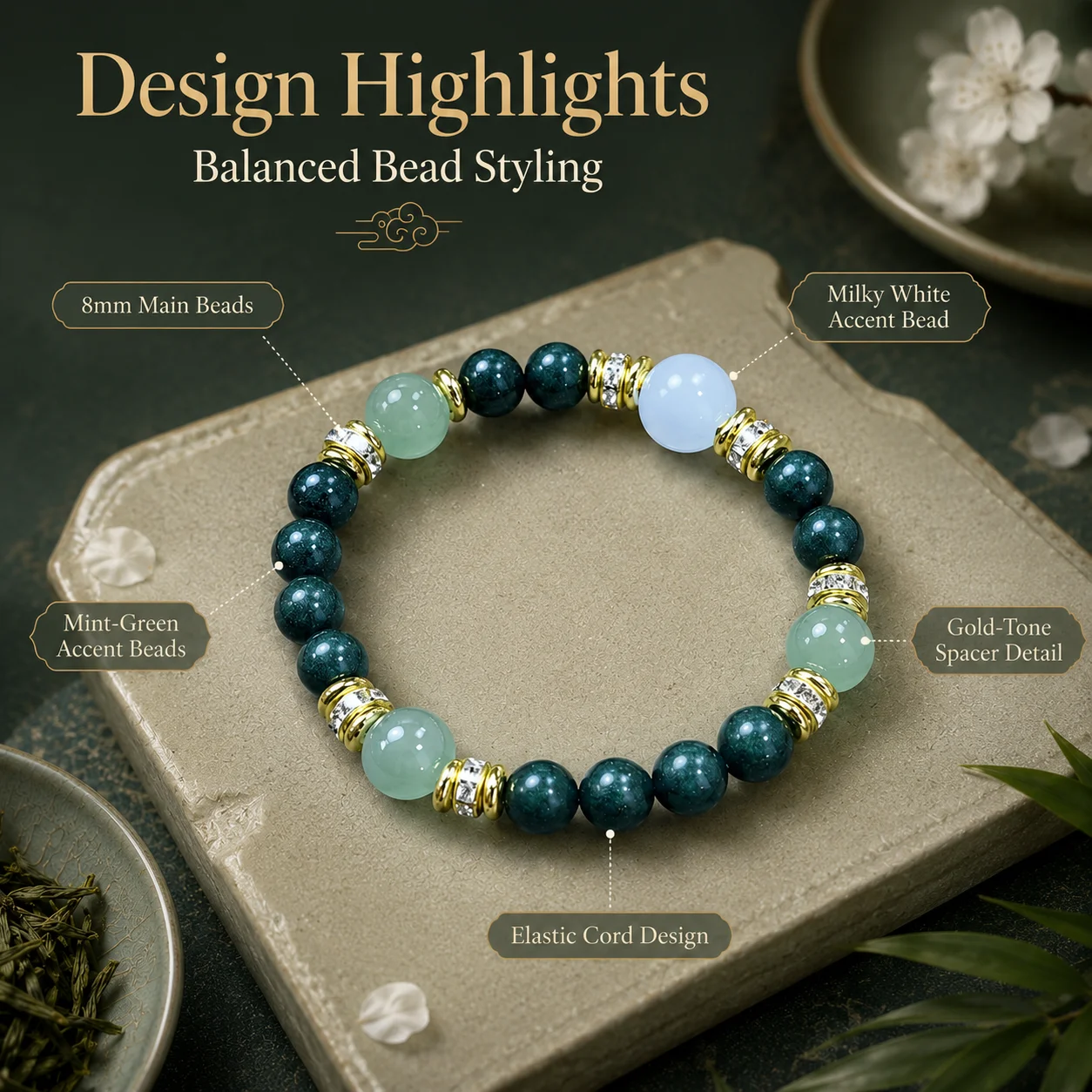 

Wuxing Green Bead Bracelet 8mm 12 Beads Handmade Stretch Bracelet 4 Jade Color Accent Beads Women Men Jewelry Gift