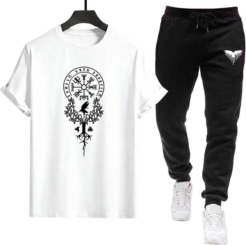 تي شيرت كبير الحجم وركض أسود مكون من قطعتين ملابس غير رسمية للربيع والصيف برقبة دائرية تي شيرت رائع 2026 طقم ملابس الشارع الحضرية للرجال #2