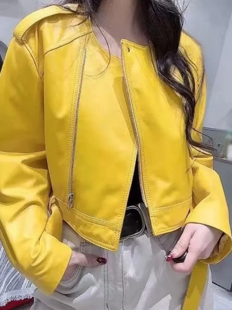 Office Ladies Solid Color Round Neck Genuine Leather Jacket Loose Long Sleeve Sheepskin Zipper Sashes Top Quality Outerwear